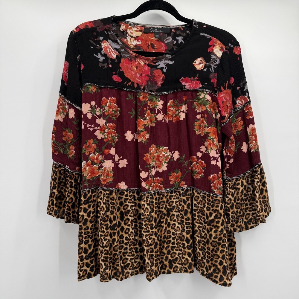 Calessa Shirt Womens Large Floral Leopard Tunic Top‎ Boho Bell Sleeve
